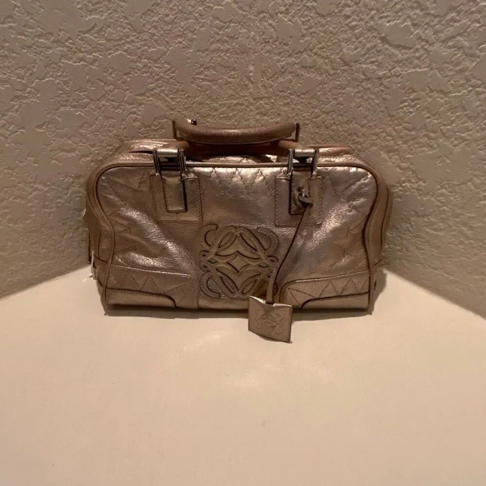 Loewe Amazona 28 Top Handle Handbag Metallic Gold Leather Bold Purse